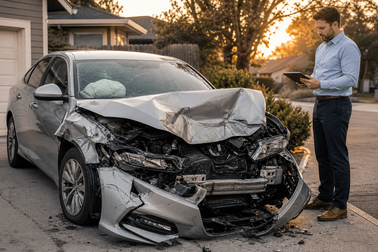 Independent appraiser examining a totaled vehicle in a residential driveway with a tablet, documenting damage for a fair settlement claim.